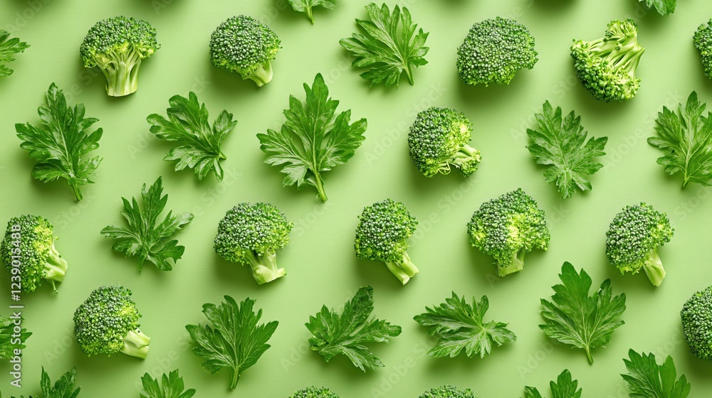 Poster fresh broccoli florets and green leaves arranged on a light green background creating a pattern