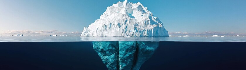 Obraz premium A majestic iceberg floats in clear blue waters, showcasing its massive structure above and below the surface, evoking the beauty of nature's frozen wonders.