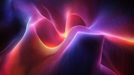 Fototapeta premium Abstract glowing wavy lines, red, blue, and orange colors on a dark background.