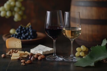 A wooden barrel, wine, grapes, cheese, and nuts on a table