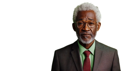 Serious senior businessman looking at camera on transparent background