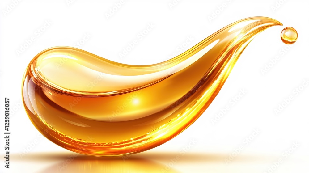 Aufkleber golden liquid drop with a smooth curved shape and a small sphere at the end on white background