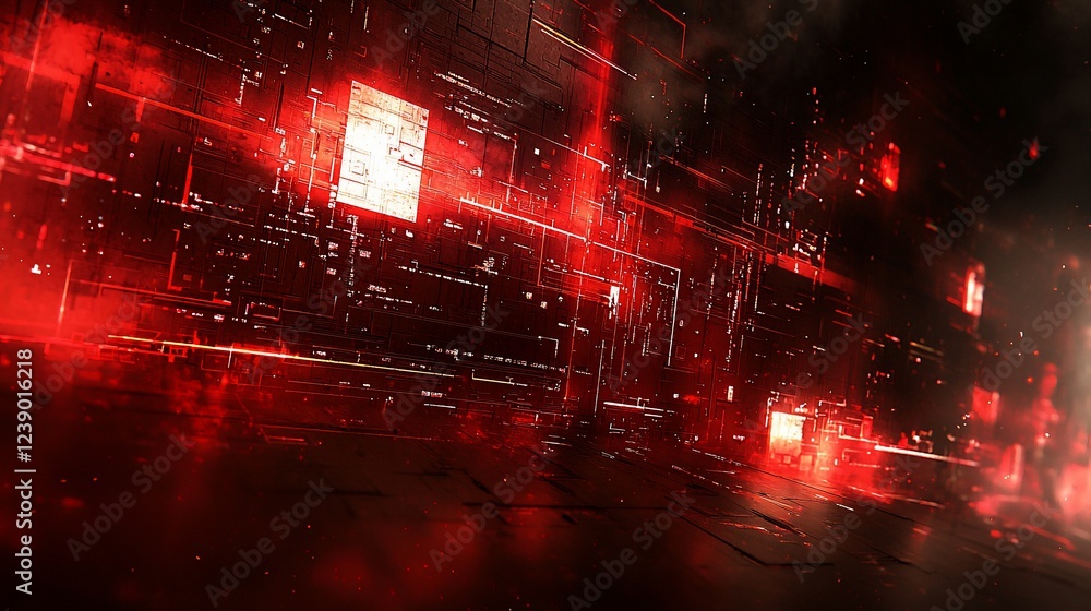 Poster red digital data stream flowing through dark tech corridor