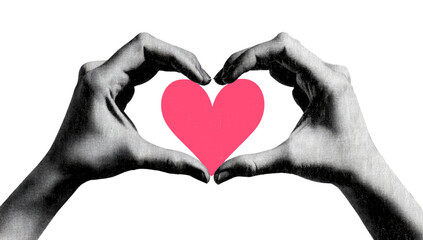 Obraz premium Black and White Illustration of Two Hands Making a Heart Shape with Pink Love Sign, Halftone Pattern, Pop Art Style, Valentine's Day Concept, Copy Space for Text