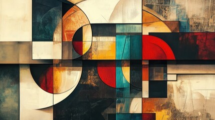 Abstract geometric artwork with muted colors and layered shapes.