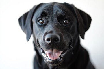 Closeup of a very happy, smiling dog on a white background