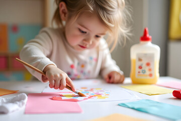 Caucasian female toddler painting with brush and glue at colorful art station