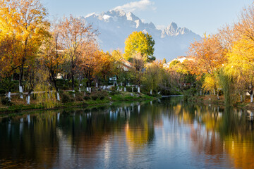 Jade Dragon Snow Mountain and Black Dragon Pool with Suocui Bridge and Moon Embracing Pavilion, Lijiang, Yunnan, China