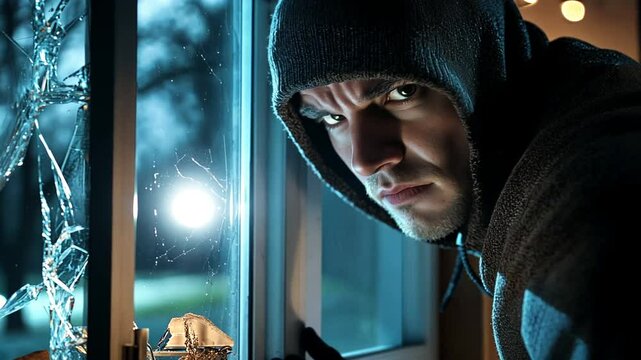 Nighttime House Robbery Scene with Intruder and Flashlight