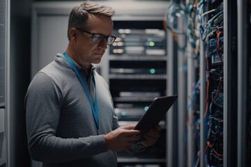 Naklejka premium A young man is currently looking at a tablet while standing in a server room
