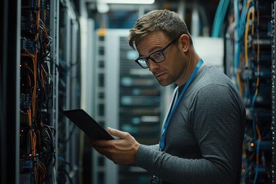 A young man is currently looking at a tablet while standing in a server room