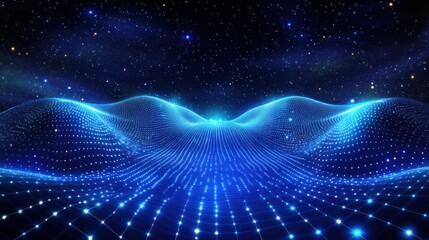 Abstract blue digital wave landscape with glowing particles and starry night sky background.