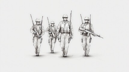 Soldiers in Wireframe Style Walking Forward with Weapons Ready for Action in Minimalistic Design