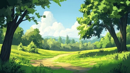 Obraz premium Sunny Meadow Path Through Lush Green Forest Landscape