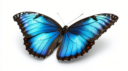 Blue morpho butterfly wings spread, white background, nature