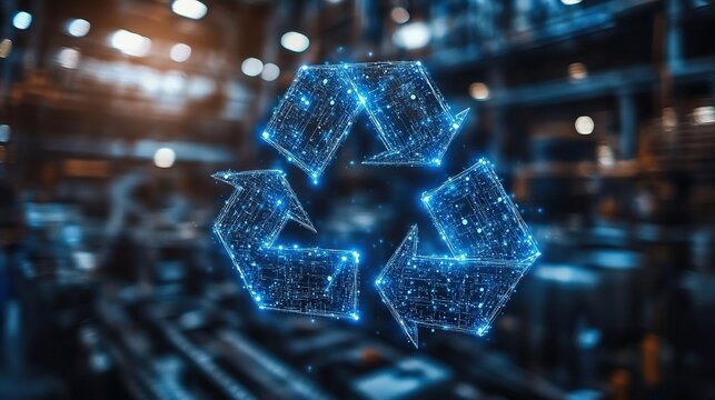 Digital representation of recycling symbol in a warehouse, highlighting sustainability efforts