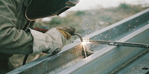 Precision welding action by a skilled welder industrial site closeup photography workshop environment detailed viewpoint craftsmanship focus