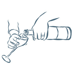 Line Art Illustration of Hands and Wine. Vector Graphic.