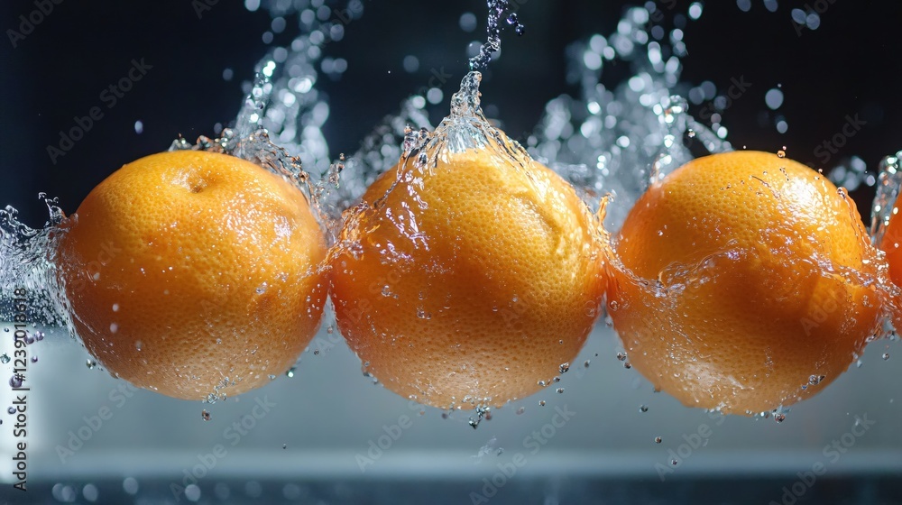 Poster fresh citrus fruits with splashing water on dark background creating a dynamic and vibrant scene