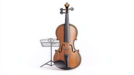 Realistic wooden violin with music stand isolated on a white background