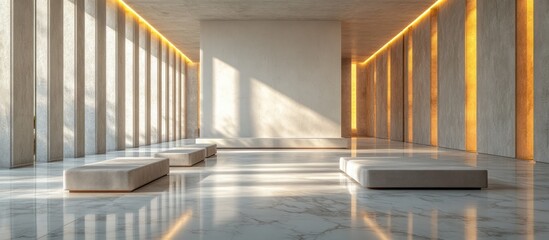 Fototapeta premium Minimalist Geometric White Interior Room with Marble Floor and Ambient Lighting