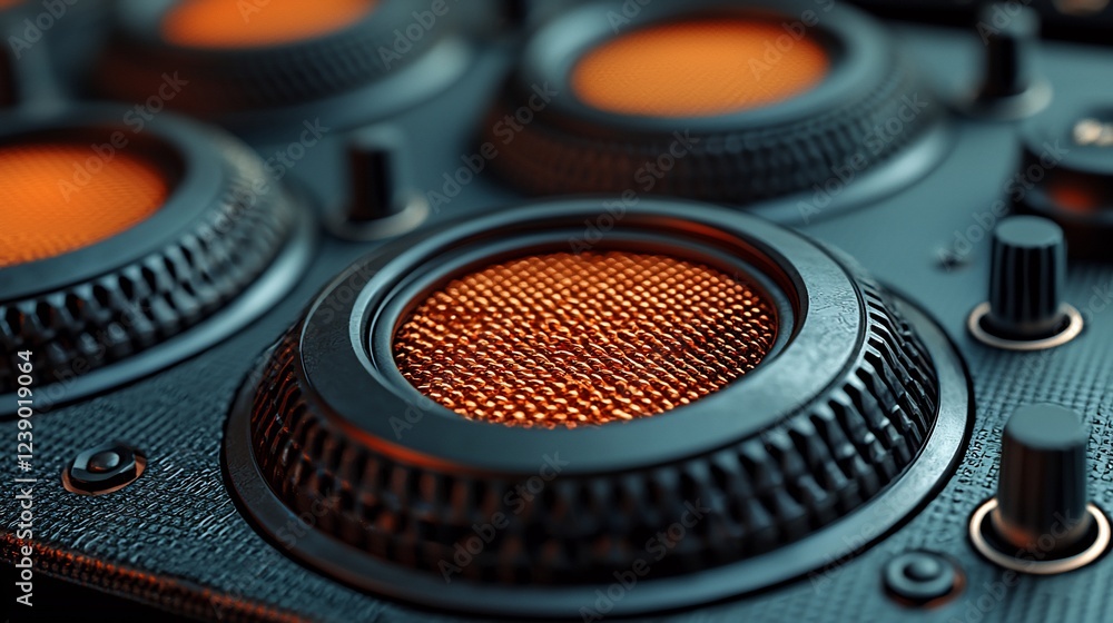 Poster Close-up orange grid detail on dark tech surface. Abstract tech background ideal for website, print