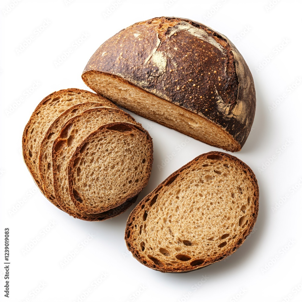Poster Sliced loaf of rustic bread on white background showing texture and crust detail in studio light