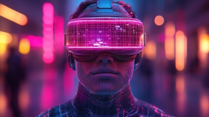 Futuristic Humanoid with Virtual Reality Headset in Neon Environment Immersed in Digital Game Experience