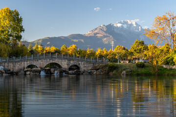 Jade Dragon Snow Mountain and Black Dragon Pool with Suocui Bridge and Moon Embracing Pavilion, Lijiang, Yunnan, China