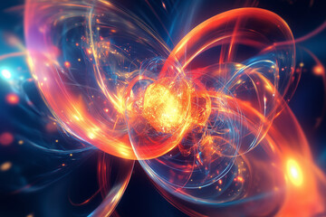 Obraz premium A Cutting-Edge 3D Visualization of Quantum Nuclear Fusion Entanglement, Merging Advanced Science with Dynamic, Abstract Energy and Technological Innovation