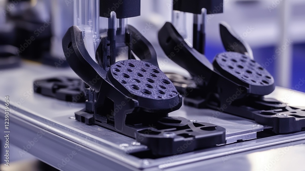 Poster automated robotic arms assembling ski bindings on a production line highlight advanced manufacturing