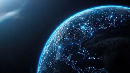 A vibrant depiction of Earth illuminated by interconnected networks of light, showcasing a digital representation of global connectivity.