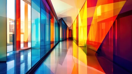 Colorful glass corridor interior with vibrant reflections.