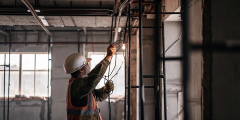 Worker installing electrical wiring in new building construction site image capture indoor environment close-up view electrical installation process