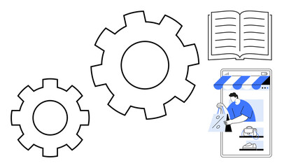 Gears symbolizing automation beside an open book representing knowledge and a smartphone displaying online shopping. Ideal for education, technology, e-commerce, digital transformation, efficiency