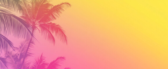 Tropical gradient background with palm leaves, showcasing a bright and vibrant summer design concept, symbolizing relaxation, vacation, and tropical paradise vibes.