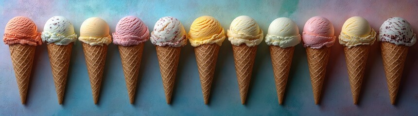 Assortment of Ice Cream Cones with Various Flavors in Waffle Cones