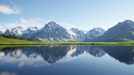 Naklejka premium serene landscape featuring majestic mountains reflected in calm lake, surrounded by lush greenery and clear blue skies