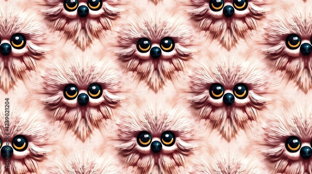 Poster Whimsical pattern of fluffy creatures with large eyes in a playful design. Generative AI
