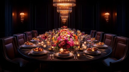 Luxurious private club dining experience featuring rich mahogany table with elegant floral centerpiece and ambient lighting