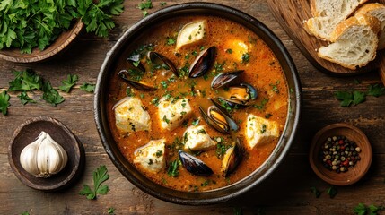 Rustic seafood stew with mussels and cod on a wooden table with bread and fresh parsley