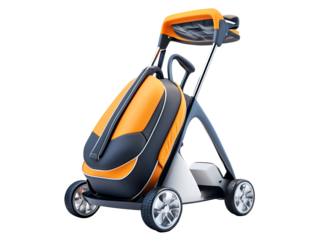 Modern golf cart bag with sleek black and orange design, isolated on transparent background, PNG, cut out