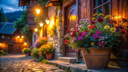 Fototapeta premium Long Exposure: Blooming Beauty by the Front Door - Vibrant Flower Pot Photography
