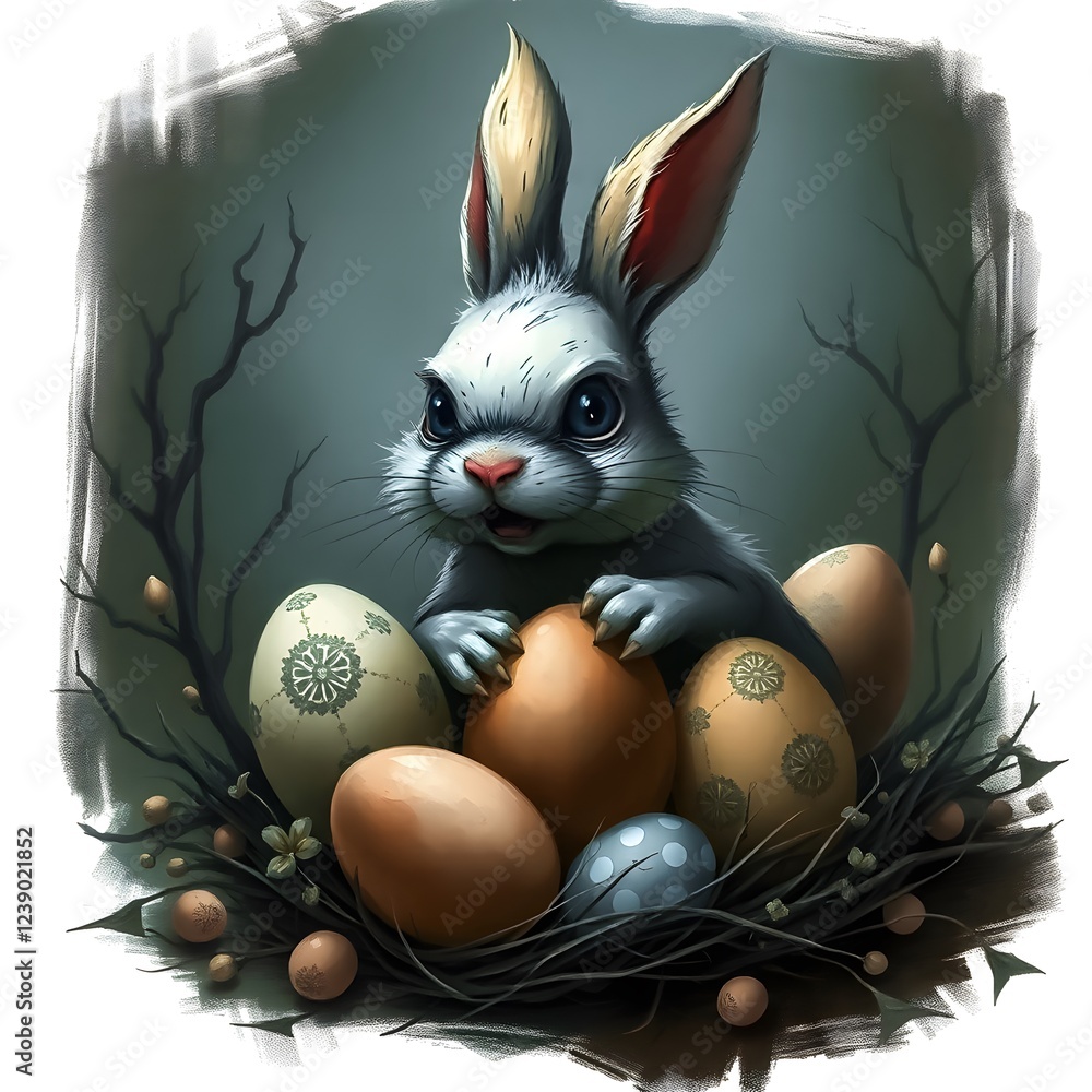 Poster cute rabbit surrounded by colorful eggs in a nest on a dark background. generative ai
