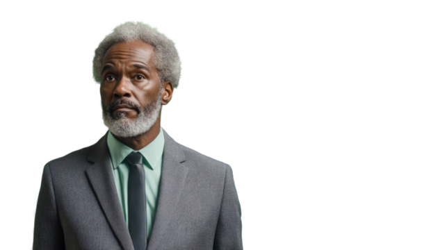 Pensive senior businessman looking up on transparent background