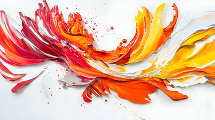A 3D abstract artwork with thick, multicolored brush strokes in vibrant red, orange, and yellow, flowing dynamically across a clean white canvas
