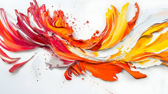 A 3D abstract artwork with thick, multicolored brush strokes in vibrant red, orange, and yellow, flowing dynamically across a clean white canvas