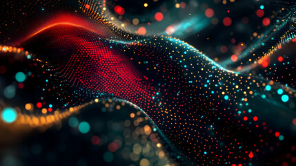 A 3D abstract composition with glowing dots in red, teal, and gold, arranged in a swirling, dynamic formation against a black background