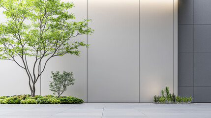 minimalist design featuring tree and shrubs against modern wall, creating serene outdoor space