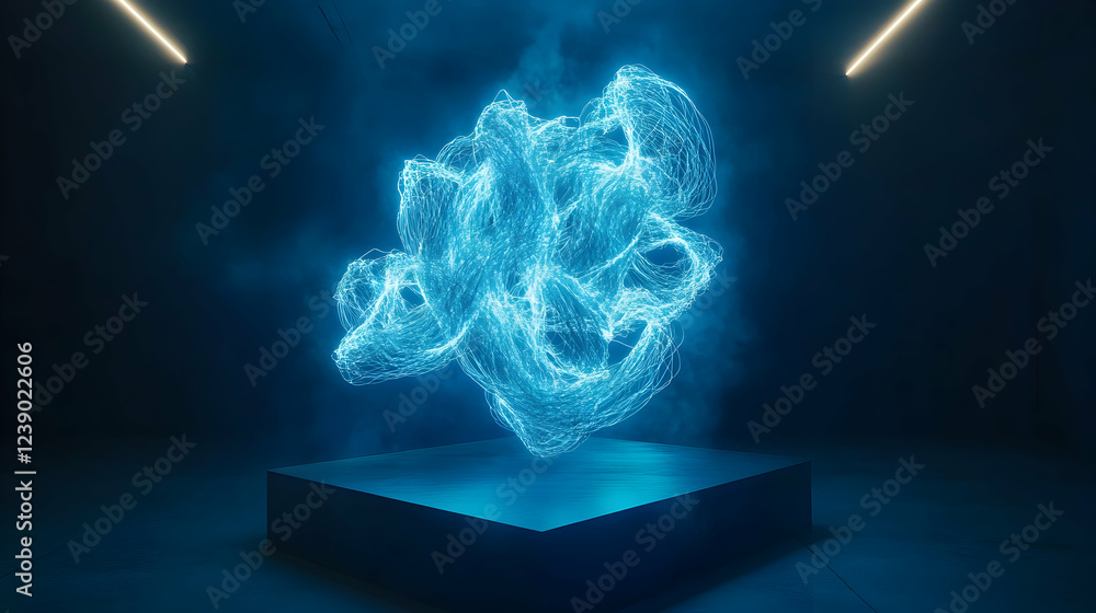 Aufkleber a 3d abstract sculpture with twisting neon cyan wires floating in a void